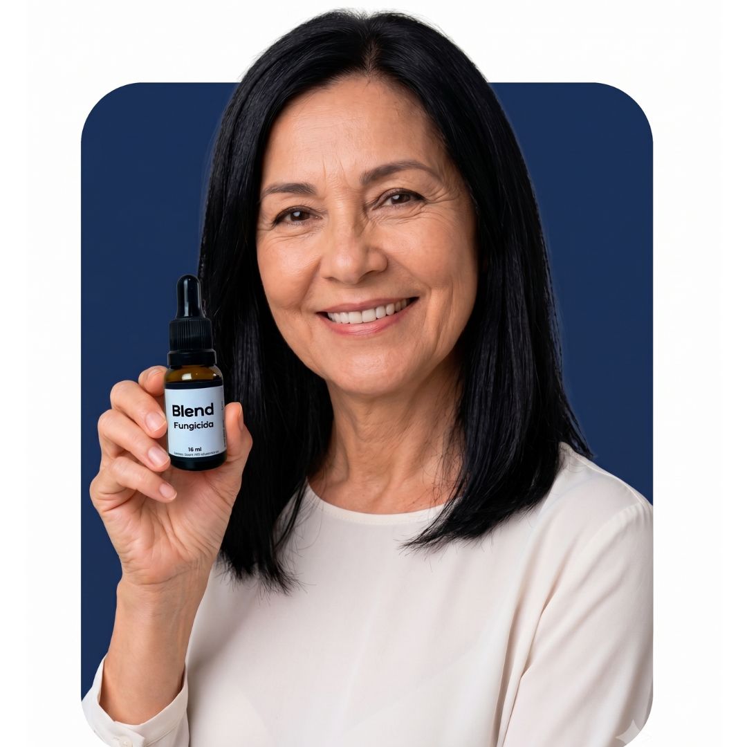 Mulher sorrindo segurando o frasco do Blend Fungicida